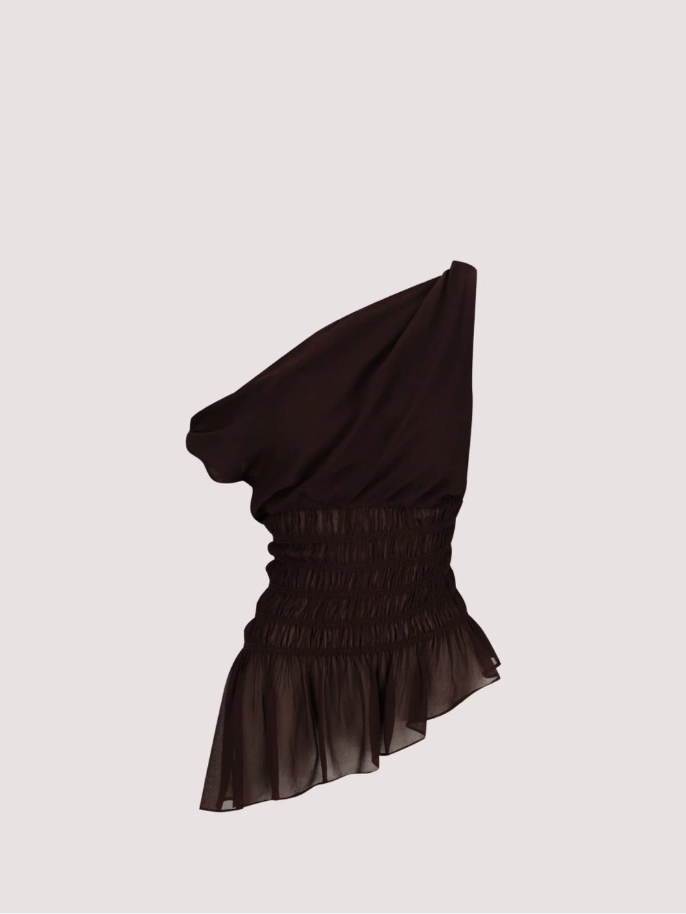 DISSH One-Shoulder Ruffle Hem Smocked Waist Top — Dark Brown
